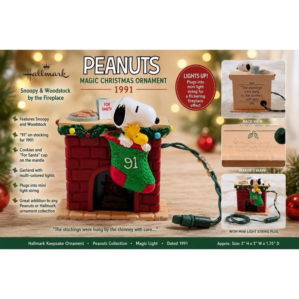 Vintage 1991 Hallmark Keepsake Snoopy Woodstock Fireplace Magic Ornament Peanuts